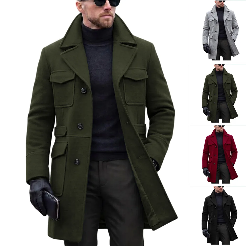 Wool Blends Coat Men Single Breasted Lapel Mid Length Trench Overcoat Formal Work Y2k Streetwear Jacket Pockets Autumn Winter