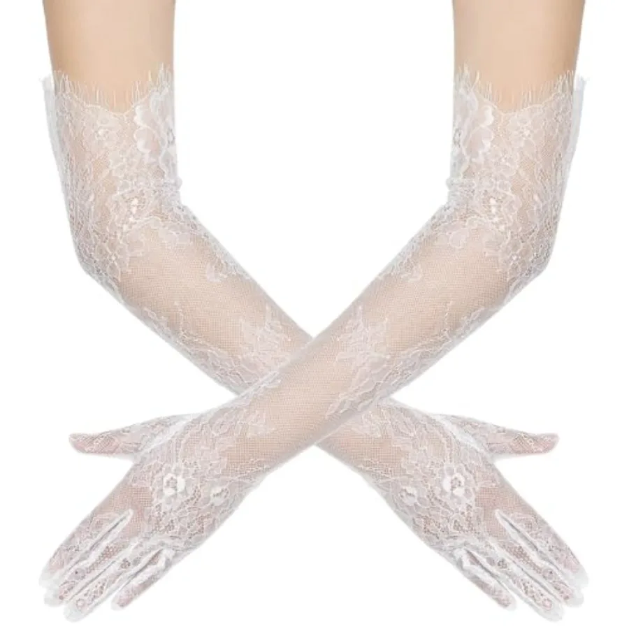 Women's Long Lace Floral Gloves Mesh Tulle Sheer Wedding Elbow Length Opera Party Costume Gloves