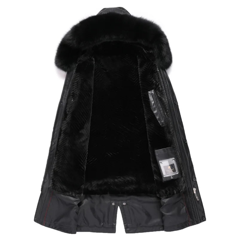 Winter New Black Men\'s High-end Fox Fur Collar Genuine Leather Long Hooded Fur Coat Thicker Jaqueta De Couro Male Casual Jackets