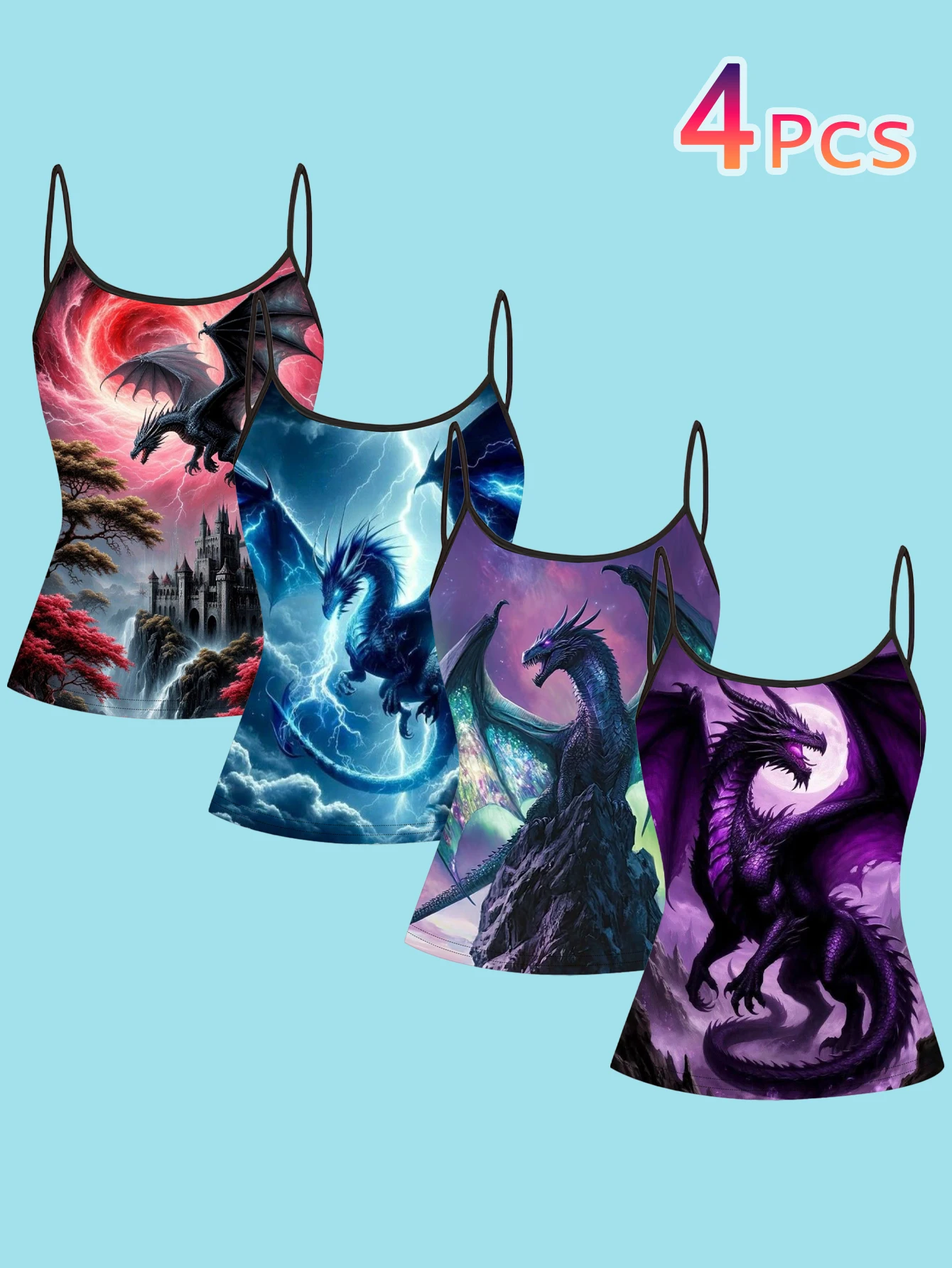 4-Piece Set of Women's Spaghetti Strap Camisoles with Magical Castle, Lightning, Dragon, and Starry Sky Art Prints, Slim-Fit Sleeveless Tops, Dark Fantasy Gothic Style Outerwear and Innerwear Base Shirts