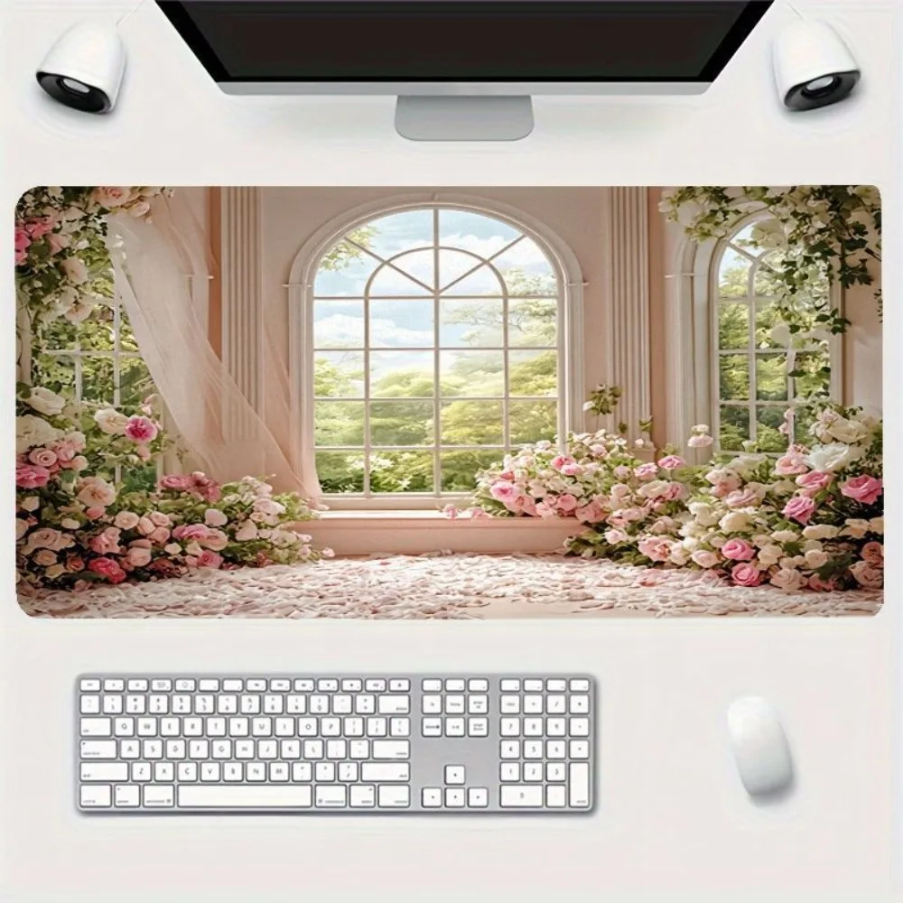 Tapis de table et tapis de souris à motif de fleurs roses, avec base en caoutchouc antidérapante, tapis de souris xxl, décoration, setup gamer, alfombrilla ratón
