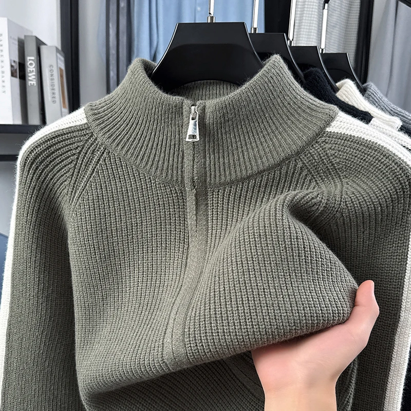 Personality color blocked men's zipper sweater cardigan high-end comfort autumn winter youth fashion stand collar knitted coat