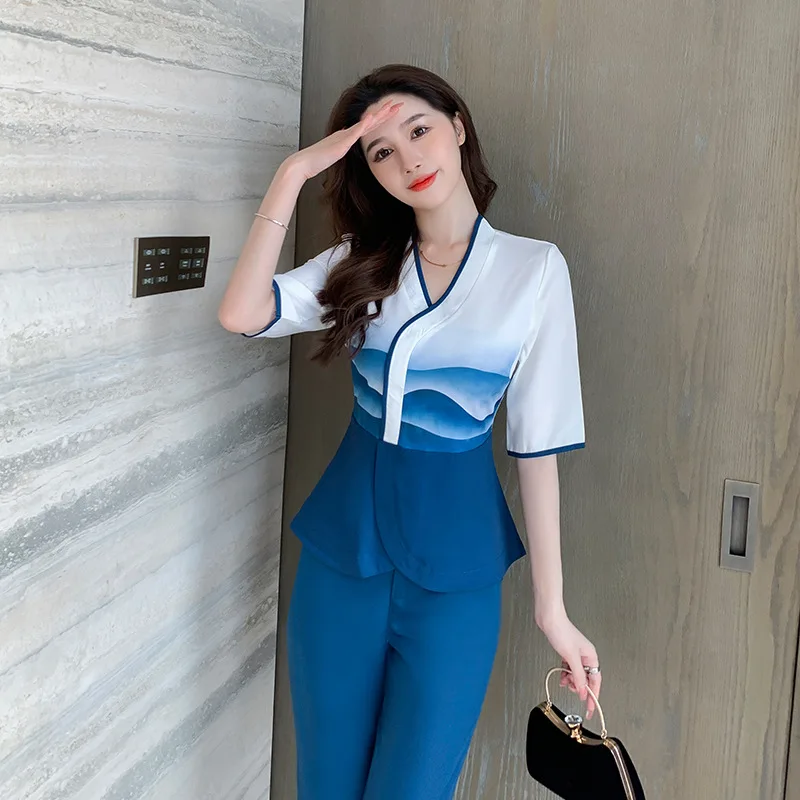 Beauty Salon estheticienne Spa Uniform Massage Work Clothes Foot Therapist Work Gowns for Women Blue Beautician Uniform Suit-BE