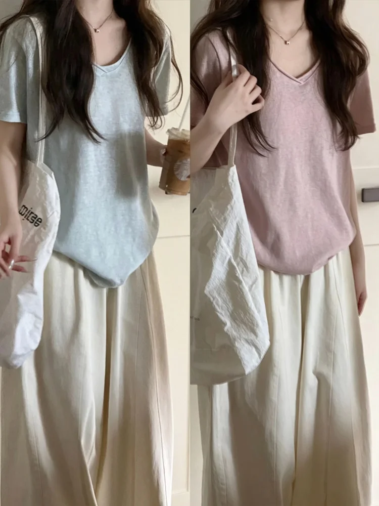 Blue V-Neck Short Sleeve T-Shirt Women's Summer Loose Fit Slimming Lazy Style Versatile Cuffed  Top Breathable Cotton Casual