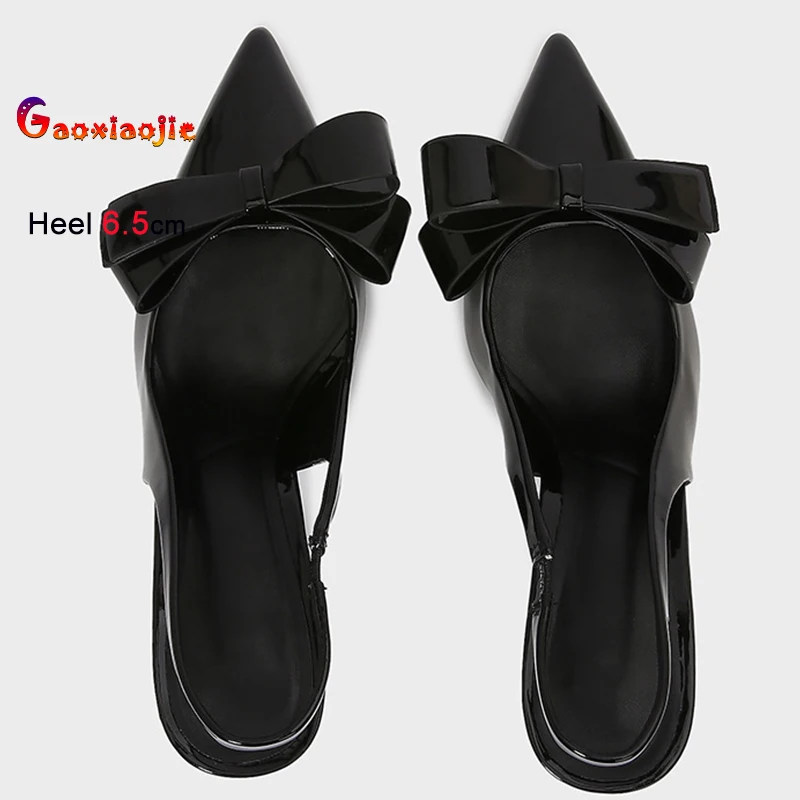 

2025 Summer Sexy Black Bow Women's Shoes Thin High Heels 6.5cm Back Strap Pointed Toe Ladies Pumps Sandals Party Shoes Size 42