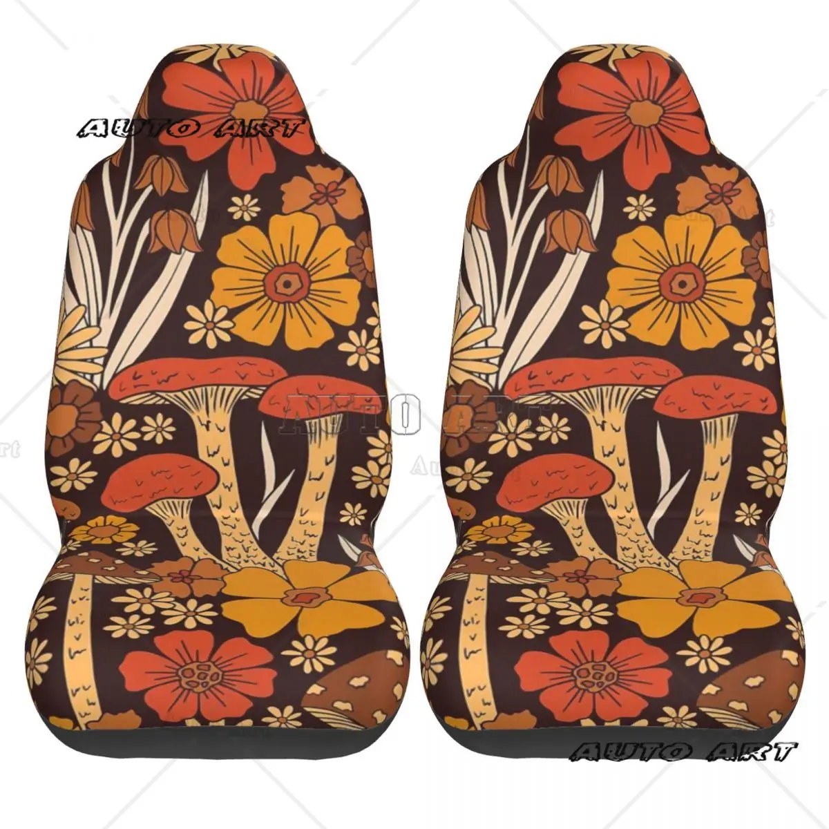 Retro 1970s Brown & Orange Mushrooms & Flowers Spiral Car Seat Cover Custom  Universal Front Protector Accessories Cushion Set