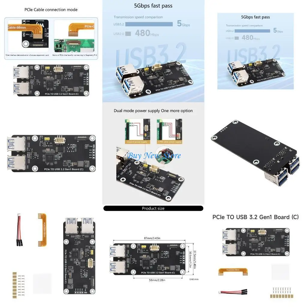 

20CE PCIe Slot Expansion With 4 Port USB 3.2 Gen1 5Gbps Transfer Efficiency For RPi 5 Board Adapter