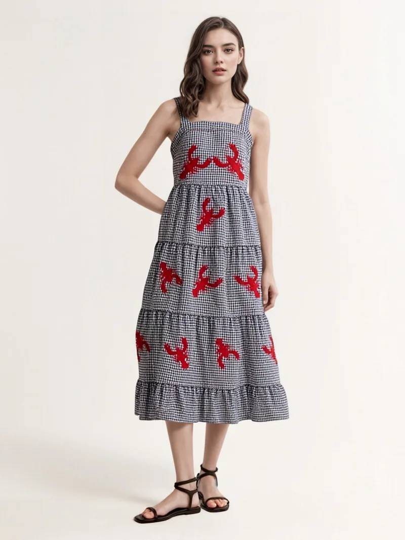 Robe longue à carreaux pour femmes, broderie d'écrevisses, à volants, sans manches, robe de plage, de vacances, décontractée, mi-longue, été, ZBZ8