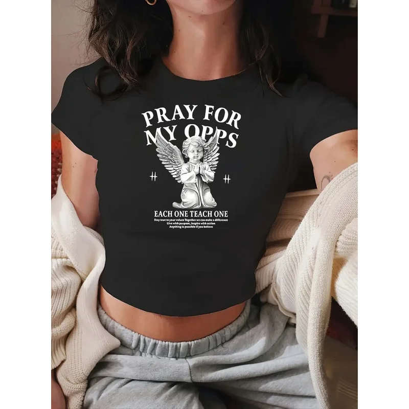 Women's Lucky Black Short Top Celestial Harmony, Harmony, Holiness, Angelic Art Short Sleeve round Neck Slim-fit floral style