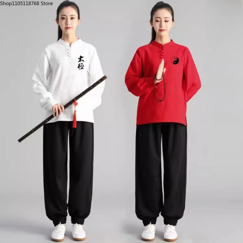 Tai Chi  Long Sleeved  Men's and Women's Tai Chi Boxing Cotton T-shirt Pure Color Cotton