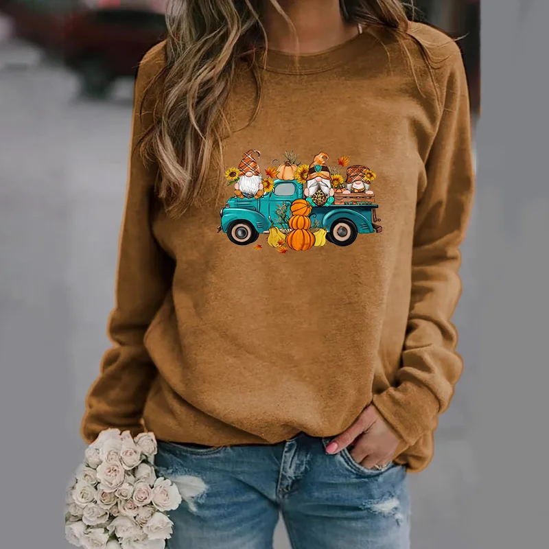 Fall Harvest Pumpkin Pattern Pullover Cute Gnome Pumpkin Sweatshirt Women's Fall Long Sleeve Top