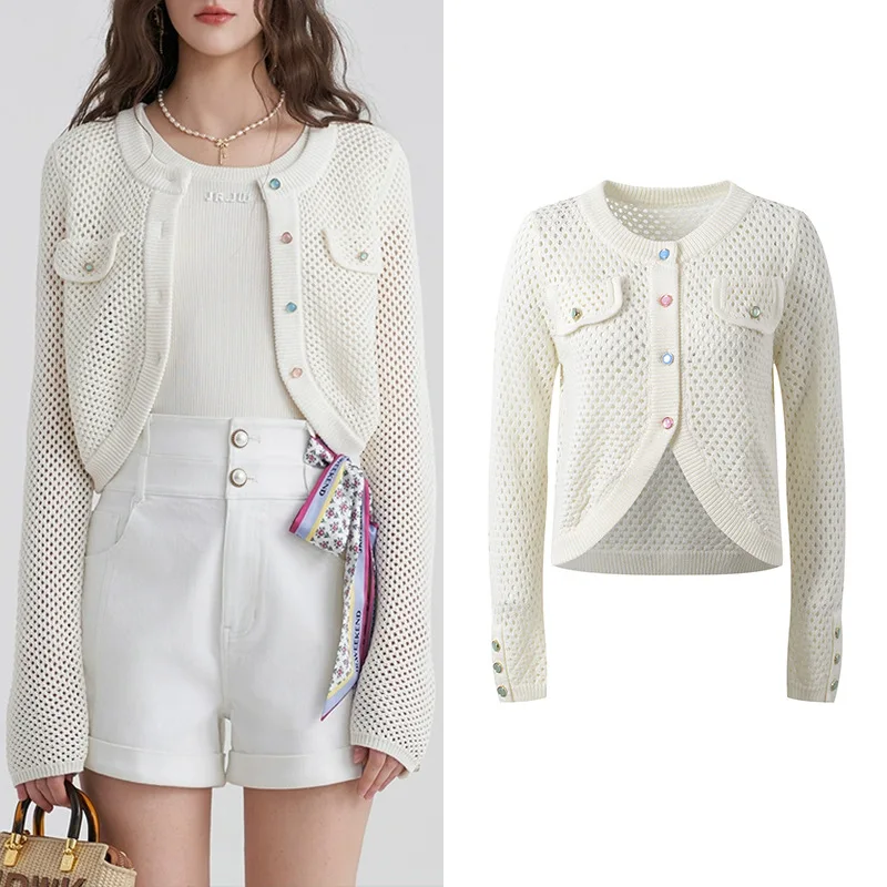 

Белый вязаный ажурный кардиган, весна-лето, новый универсальный дизайн с круглым подолом, модный женский трикотаж