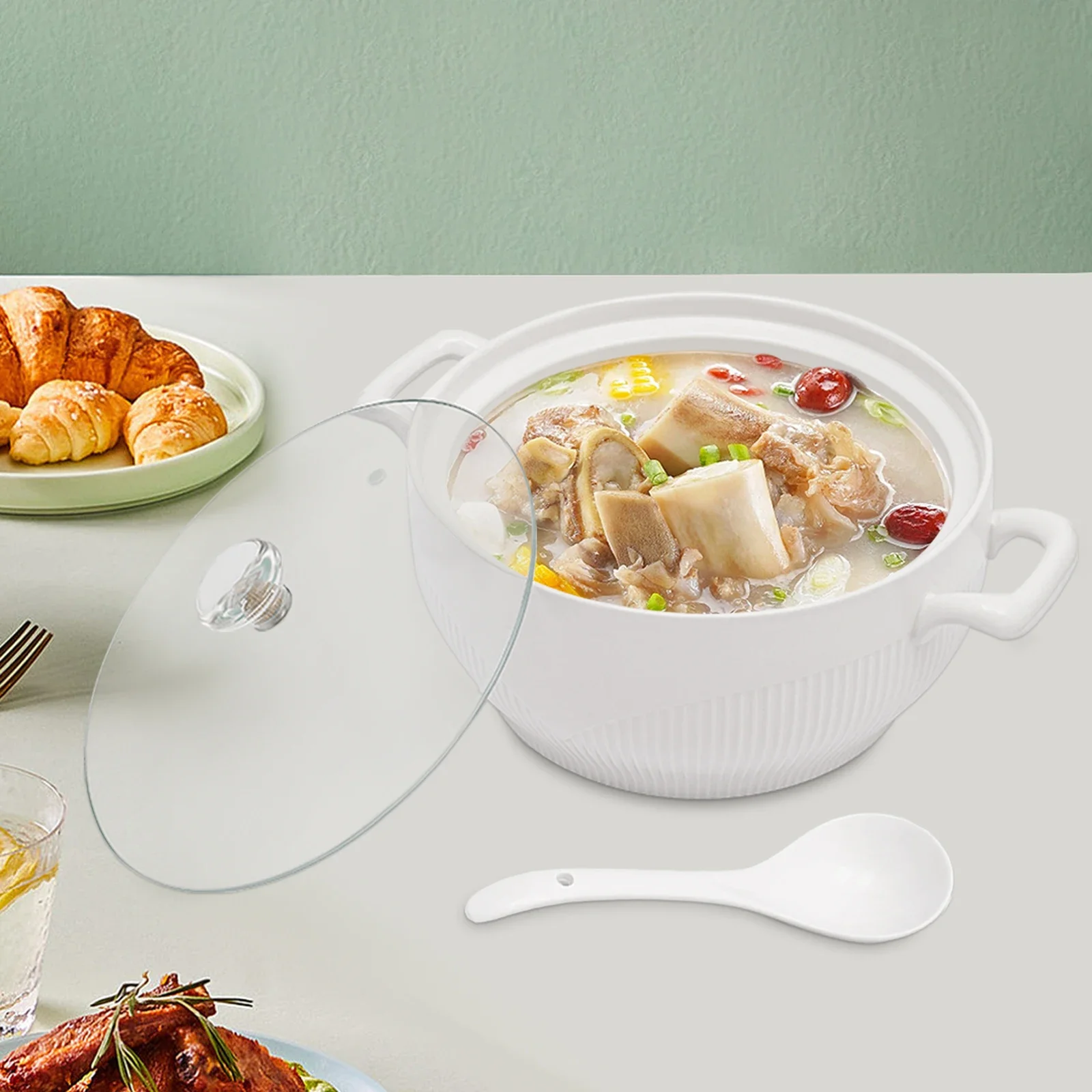 Ceramic Soup Tureen Kitchen Porcelain Serving Soup Tureen w/Glass Lid&Soup Ladle