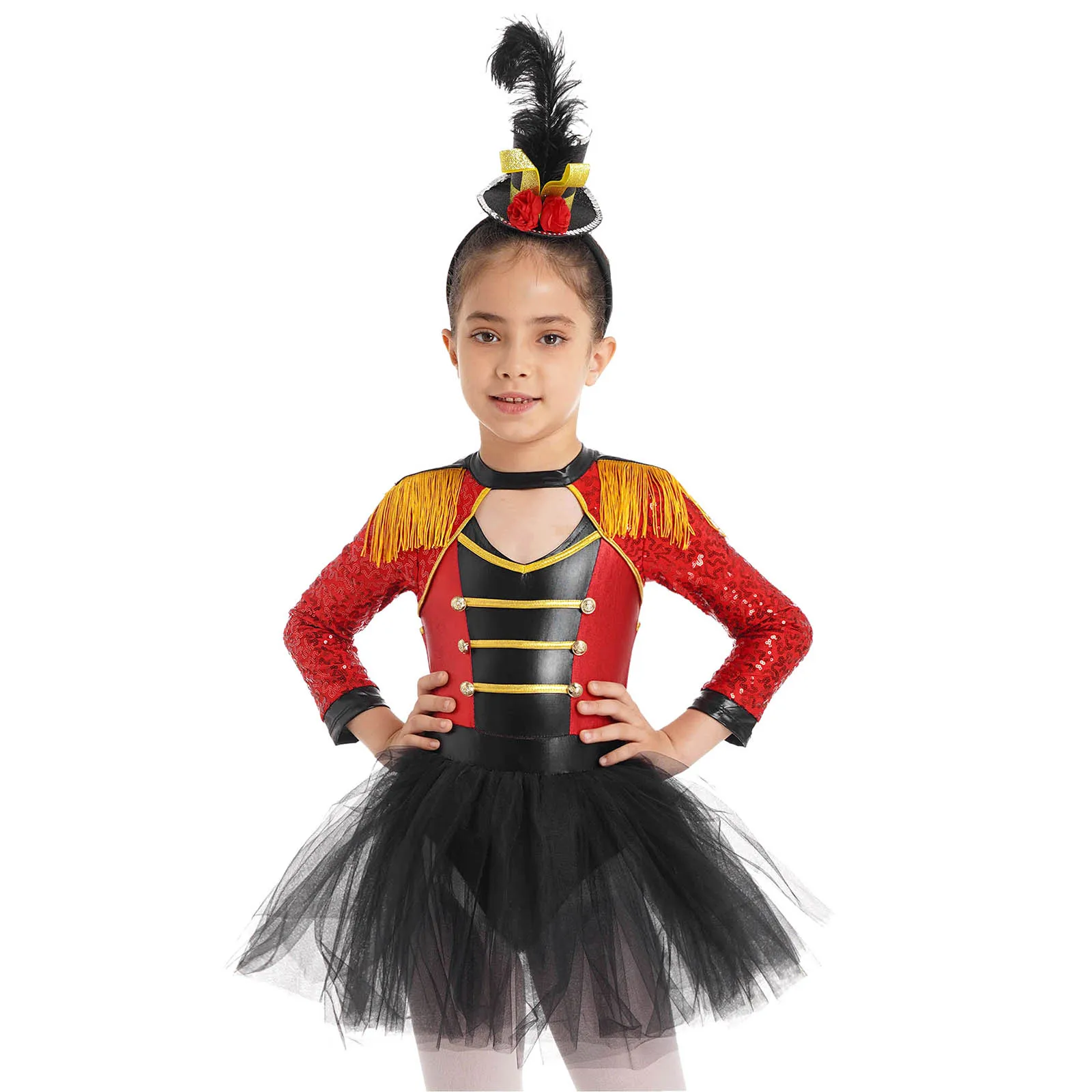 

Kids Girls Magician Circus Ringmaster Costume Halloween Cosplay Long Sleeve Sequin Tassel Leotard Tutu Themed Party Dress Up