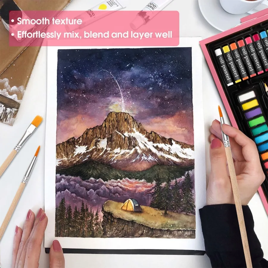 Paia d'arte Set d'arte in legno deluxe Kit di pittura da disegno artigianale con 2 blocchi per schizzi Pastelli ad olio Colori ad acquerello acrilico Creativo G