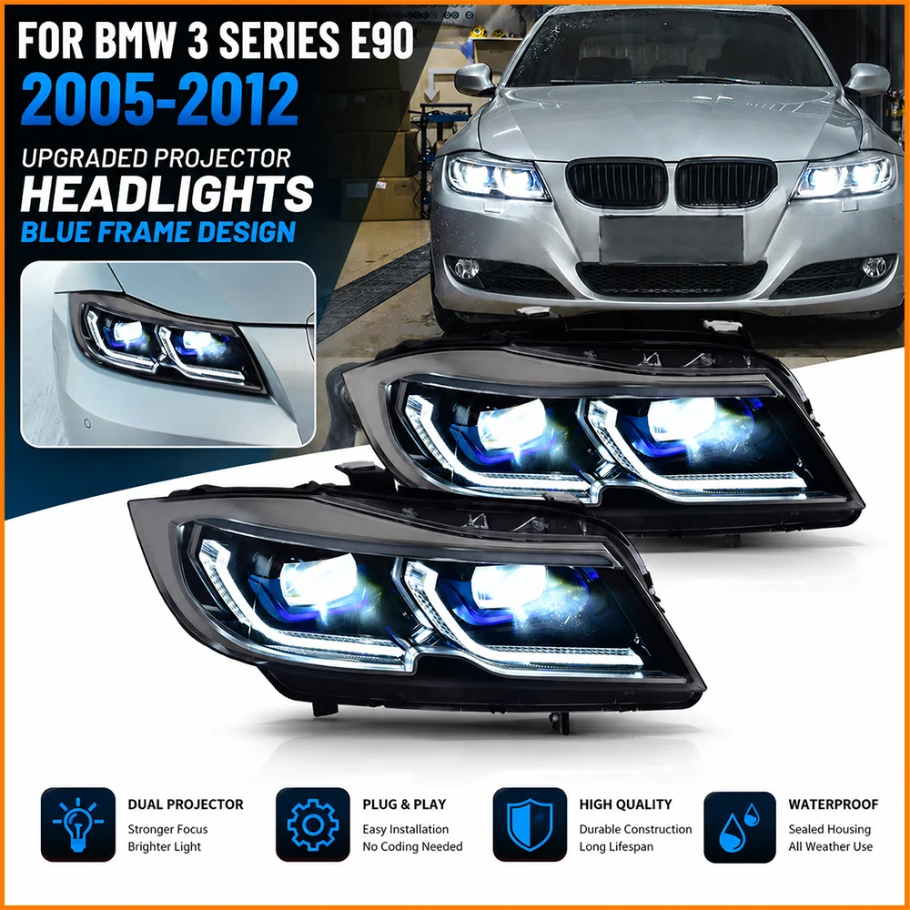 For BMW 2005-2012 3 Series E90 320i 325i 330i G20 Style Blue Laser Frame Double Bi-LED Projector Lens Upgrade Headlight Assembly