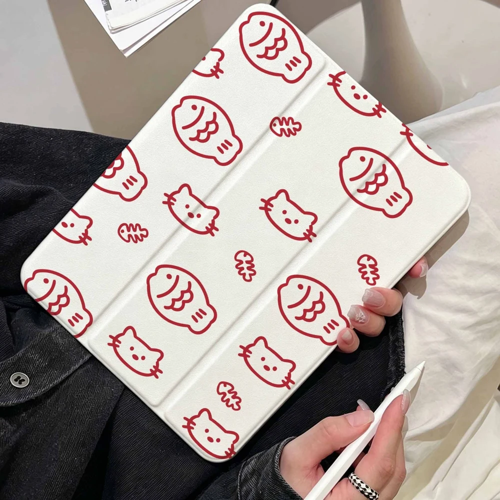 Red Little Kitten Little Fish For Samsung Galaxy Tab A8 A9 A11 S6 S7 S8 S9 S10 S11 FE Plus Lite With Pen Slot Tablet Case