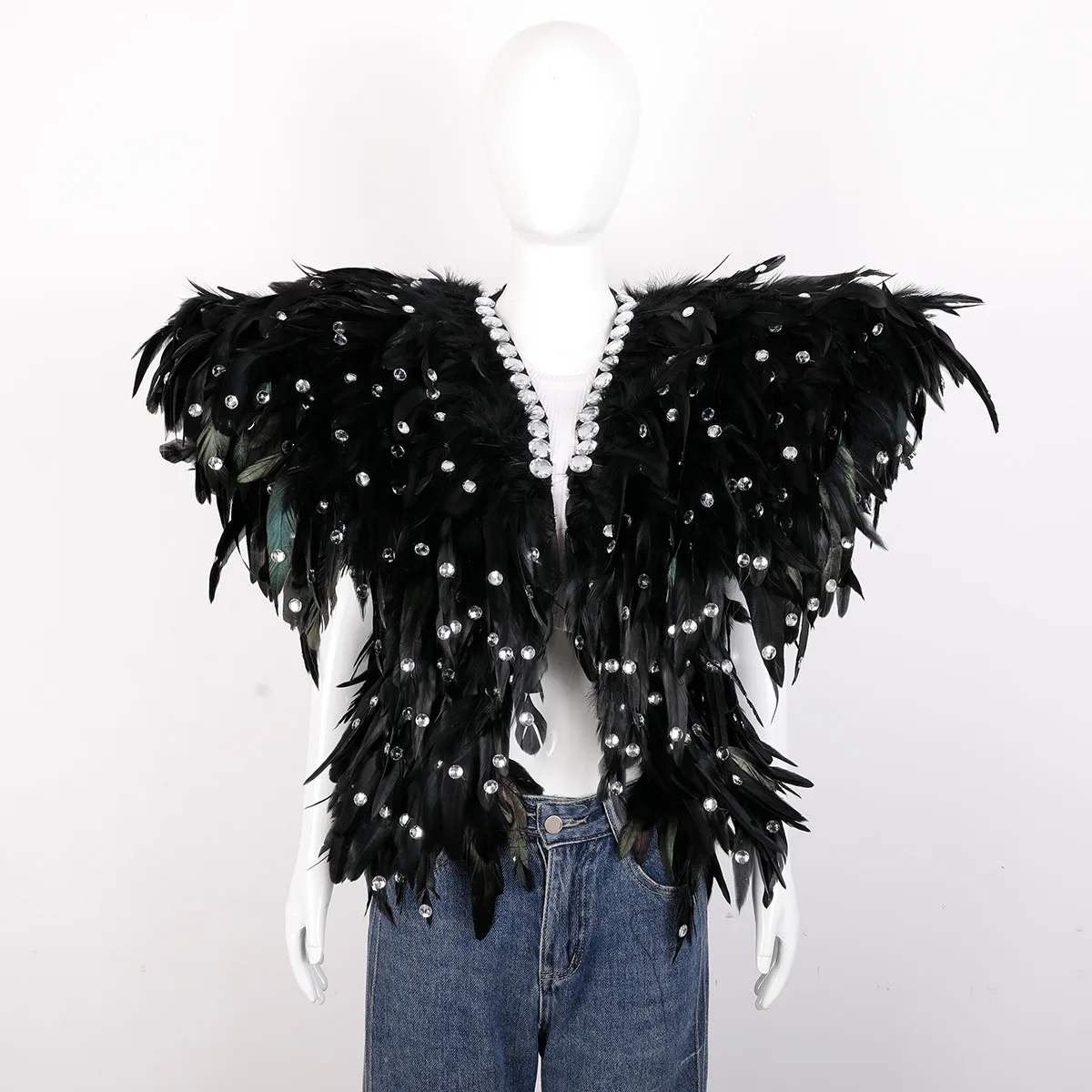 Carnival Halloween Gothic Feather Cape Coat Solid Color Shawl Women's Rhinestone Vest Performance Props Costume Accessories