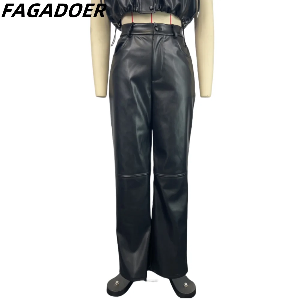 FAGADOER Black Fashion PU Leather Straight Pants Women High Waist Button Pocket Trousers Casual Female Solid Color Bottoms 2024