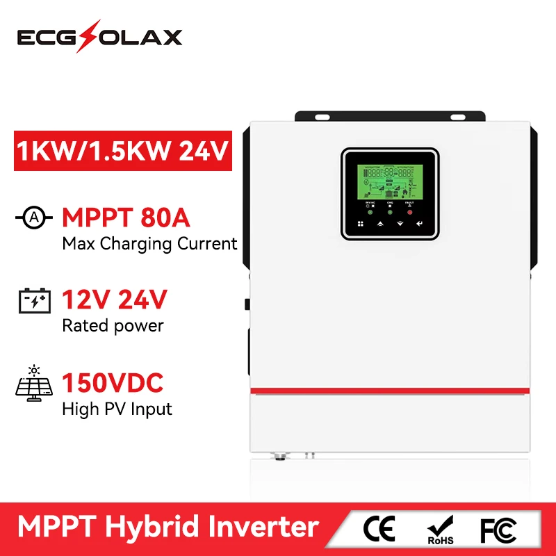 ECGSOLAX 1000W 1500W Hybrid Solar inverter 12V 24V 220V Output Hybrid inverter Built-in MPPT 80A Charge Controller Max PV 150VDC