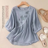 New Summer Solid Color Artistic Vintage Embroidery Cotton Linen Small Shirt Loose Fit Round Neck Pullover Top