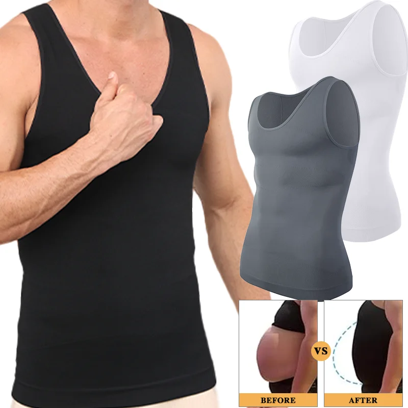 Mens Slimming Shapewear Sleeveless Compression Shirt Round Neck Seam-free Waist Trainer Tank Top Belly Control Fitness Workout