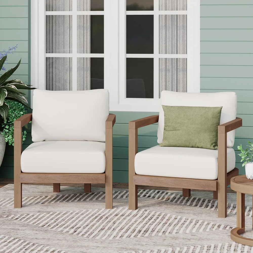 Set of 2 Acacia Wood Outdoor Club Chairs with Tub Shape and Slat Panel, Cushioned for Patio, Garden, Balcony, Brown Wash+Beige