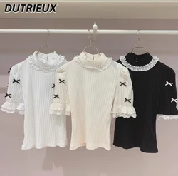 Japanese Mine Style Half High Collar T-shirt Puff Short Sleeve Bow Lace Beaded Top Sweet Cute Girls Solid Color Bottoming Shirt