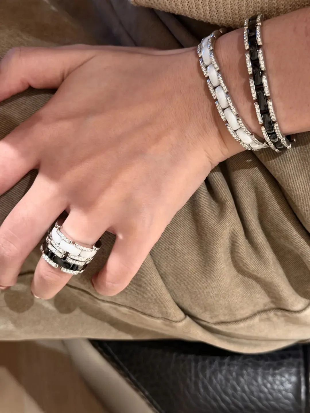 925 Sterling Silver Gold-Plated Fashion Minimalist Patchwork Black and White Ceramic Bracelet
