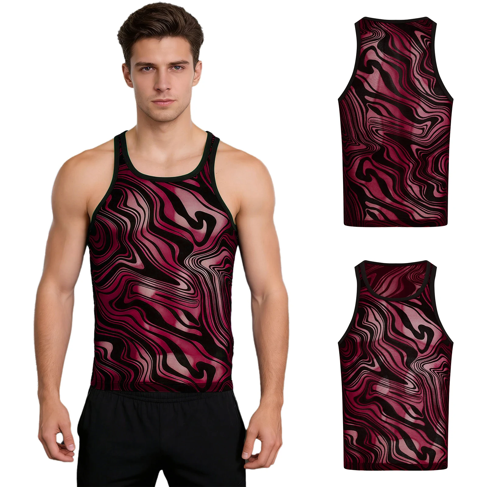S-3XL Men U Neck Irregular Stripe Mesh Tank Top Sleeveless Vest for Beach Vacation Gym Workout Sports