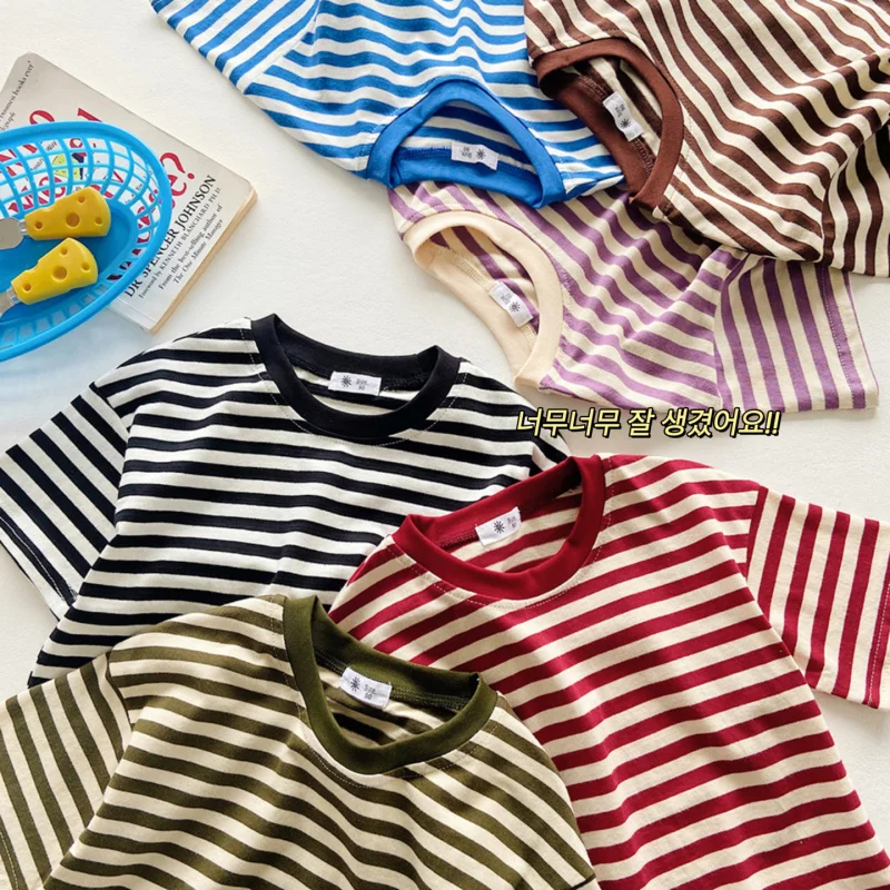 

XTY-Children's Short SleeveTT-shirt Pure Cotton Summer Boys and Girls Letter Stripes ShorttNew Loose Summer Wear Baby's Top