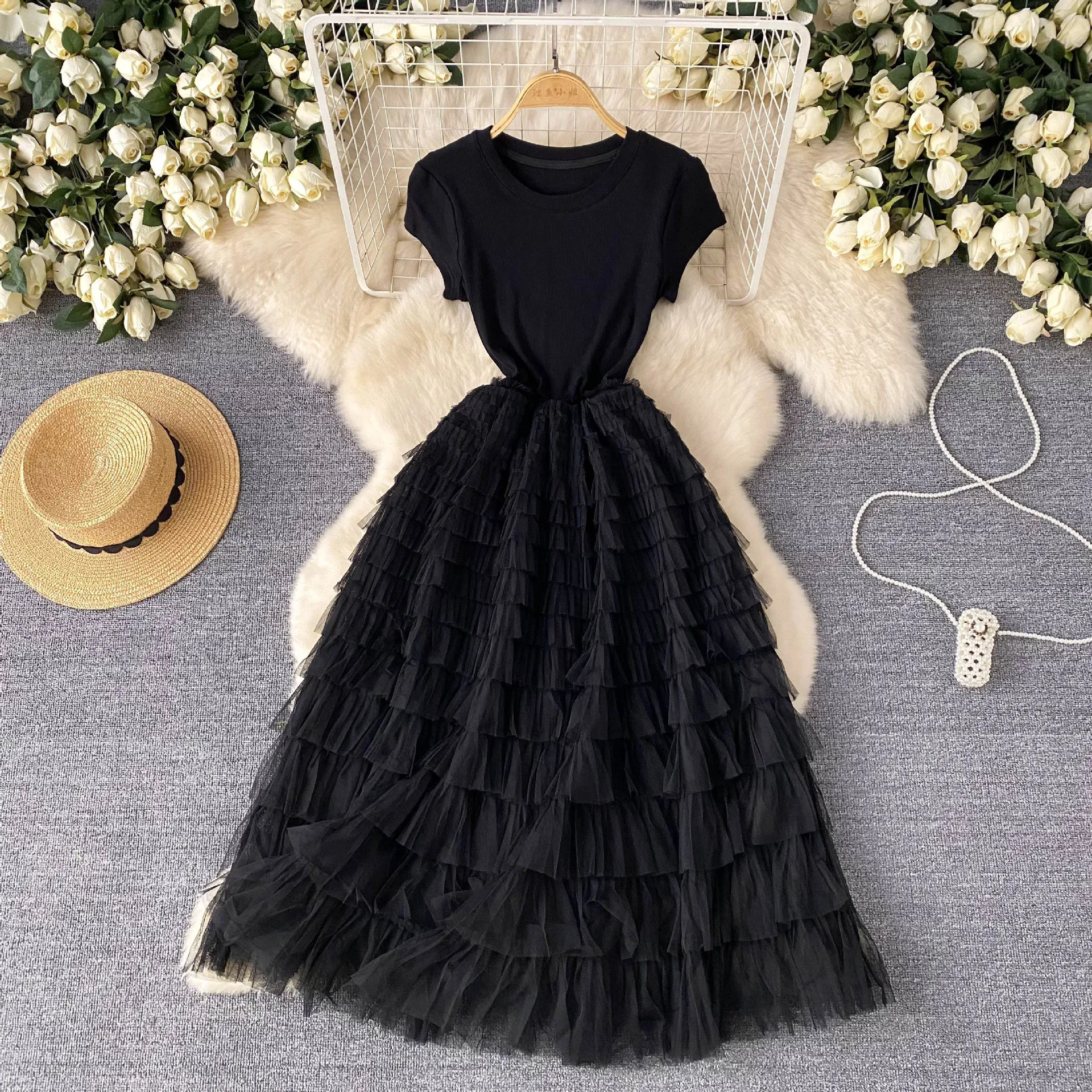 American European Style New Fashion Summer Women's Mesh Spliced Short Sleeve O-neck Dresses Casual Trendy Elegant Dresses Female