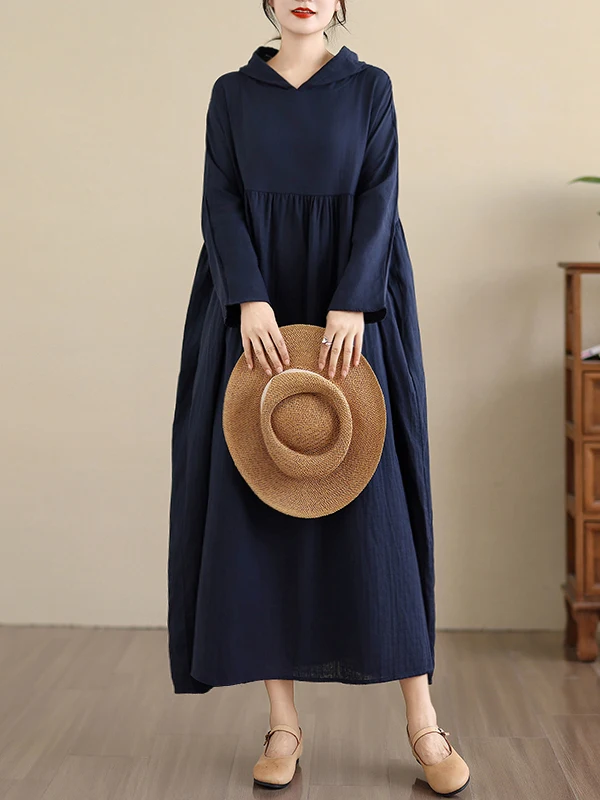 Retro Early Autumn Long Sleeve Double Layered Cotton Linen Gown Gentle Print Casual Loose Fit A-Line Dress for Women