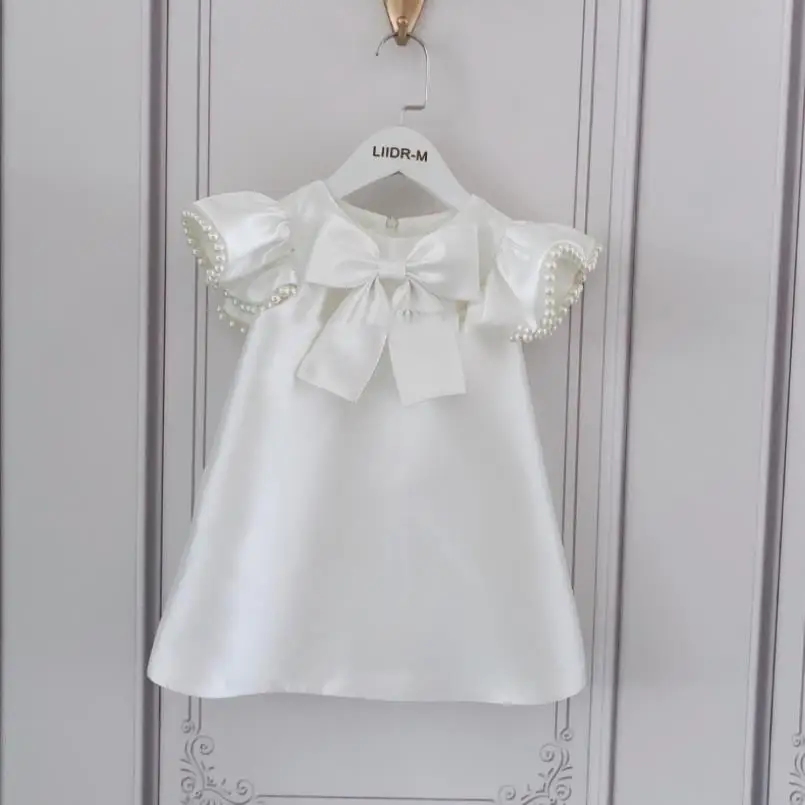 

Flower Girl White Dress Children Birthday Baptism Dresses For Girls Bow Beading Design Frocks Kids Boutique Party Gown A1258