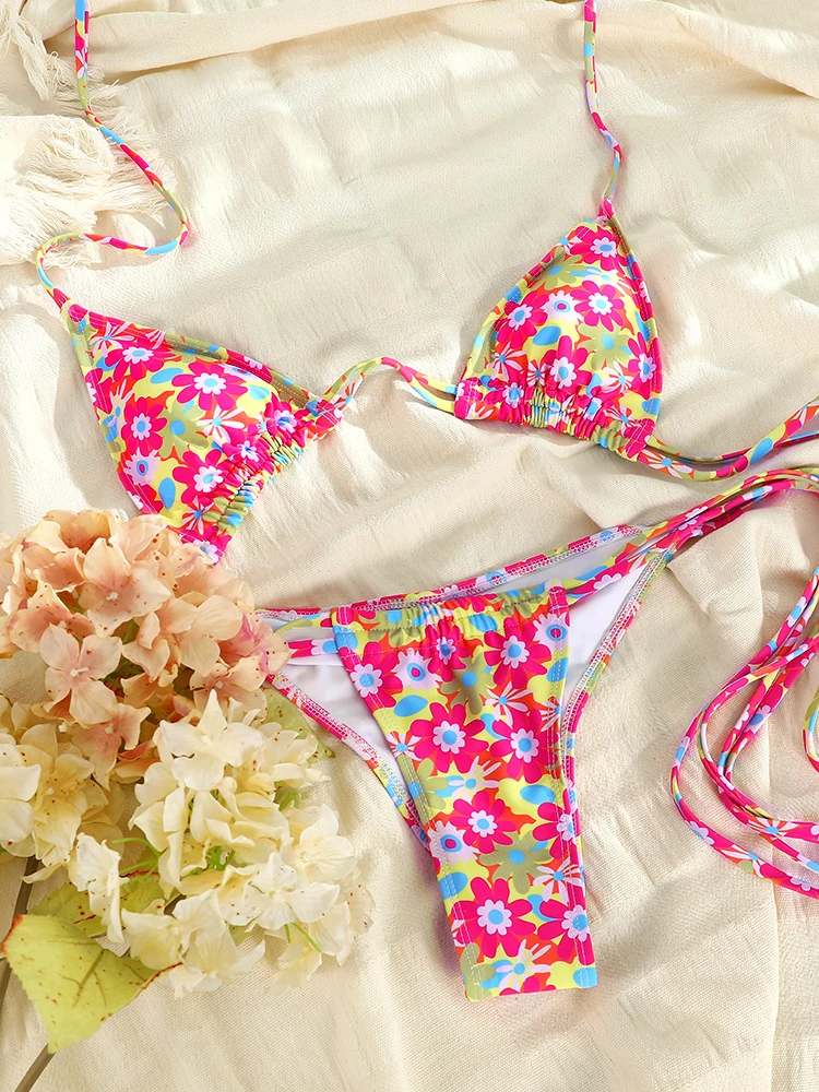 Floral Print Bikinis Sexy Swimsuit Women 2024 Bandage Bathing Suit String Bordered Swimwear Thongs Bikini Sets Summer Beachwear