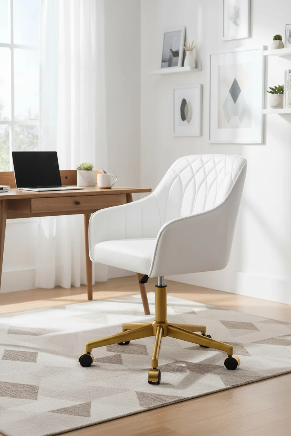 Modern Swivel Office Chair with Adjustable Height, Rolling Wheels and Back Support - White