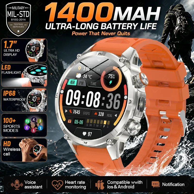 New Rugged 1400mAh Large Battery Smart Watch Men 1.7