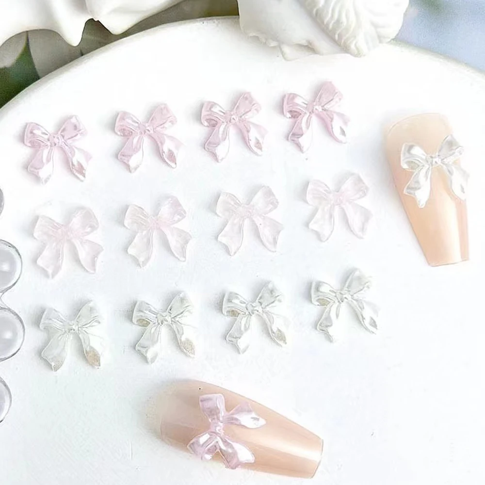 50Pcs Sweet Pearly Glossy Ribbon Bow Nail Charms 3D Resin Long Ribbon Bow Tie Nail Art Decoration DIY Manicure Nail Accessories