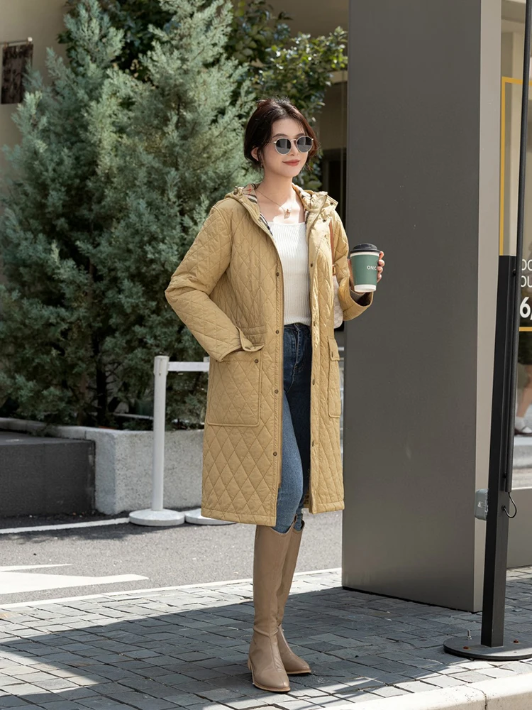 

British Style Women's Pure Color Mid-Length Cotton Jacket Lightweight Warm Trendy Commute Coat with Pockets Quilted Fabric