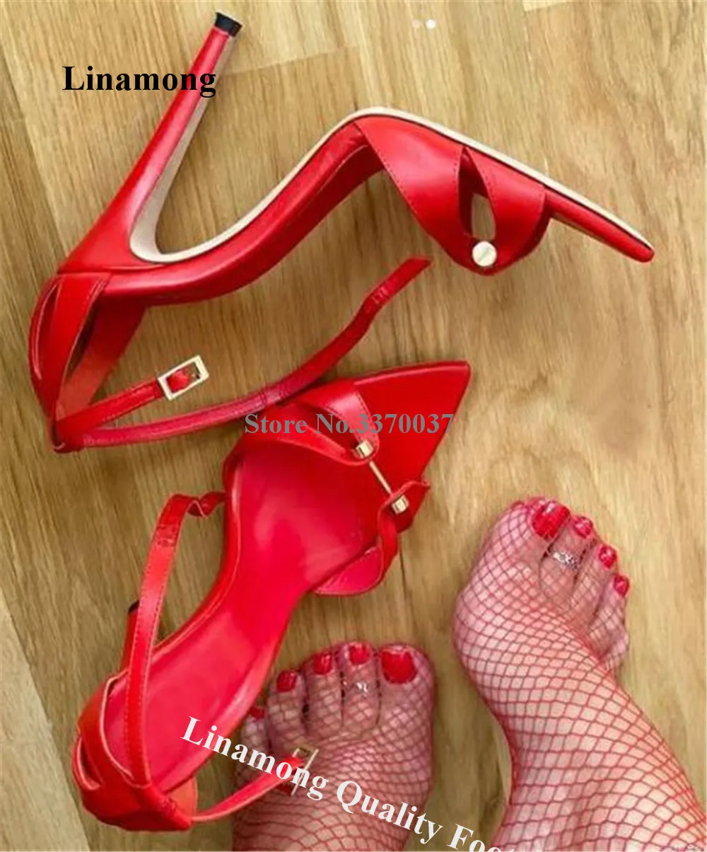 

Newest Red Leather Metal Buckle Sandals Linamong Sexy Cut-out Pointed Open Toe Stiletto Heel Ankle Strap Dress Heels Party Shoes