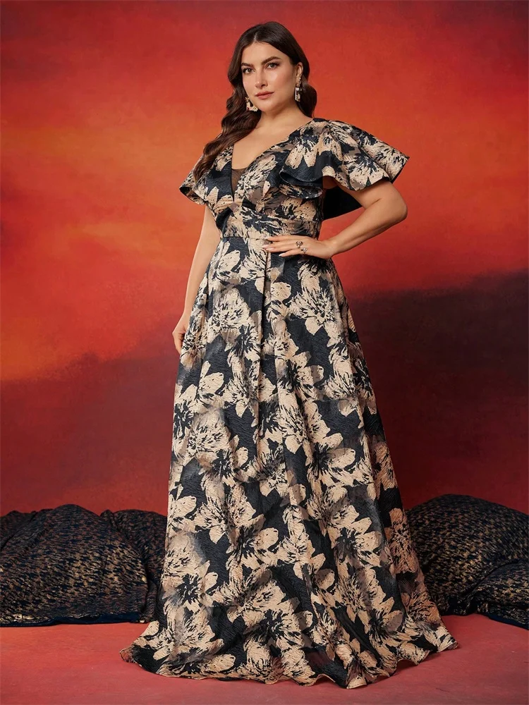 Lucyinlove Abiti da sera blu eleganti con scollo a V taglie forti Abiti da cocktail da ballo lunghi da donna di lusso in raso senza maniche