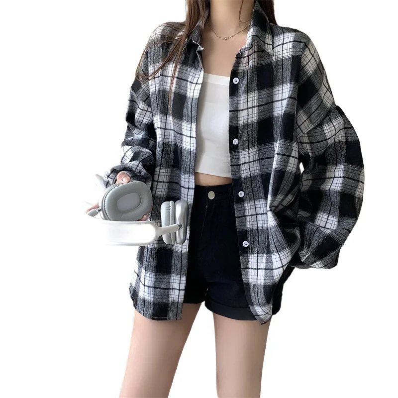 Camicia scozzese in bianco e nero per donna Autunno Inverno Manica lunga Camicetta monopetto Top Camicie casual in tartan femminile