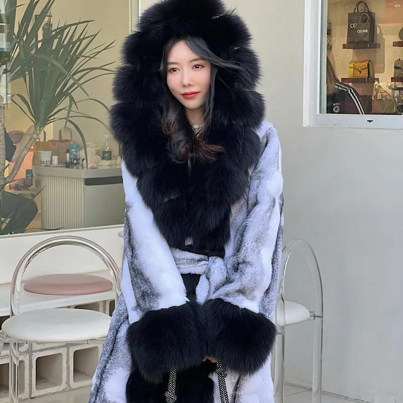 

2023 Winter Women Real Rex Rabbit Fur Coats With Fox Hooded Natural Whole Skin Genuine Long Jackets Overcoat Fashion