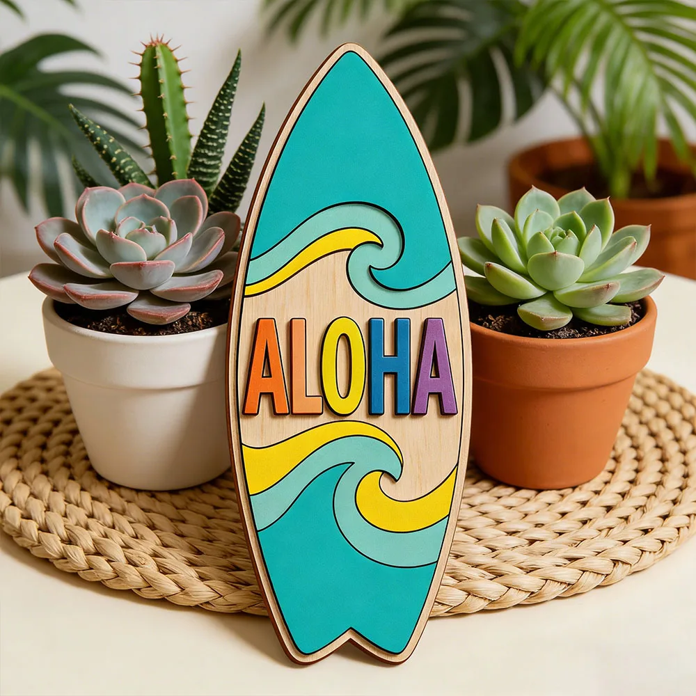 Wooden Aloha Surfboard Shape Sign Hawaiian Tropical Beach Wave Themed Plaque for Tiki Bar Home Living Room Bedroom Wall Decor