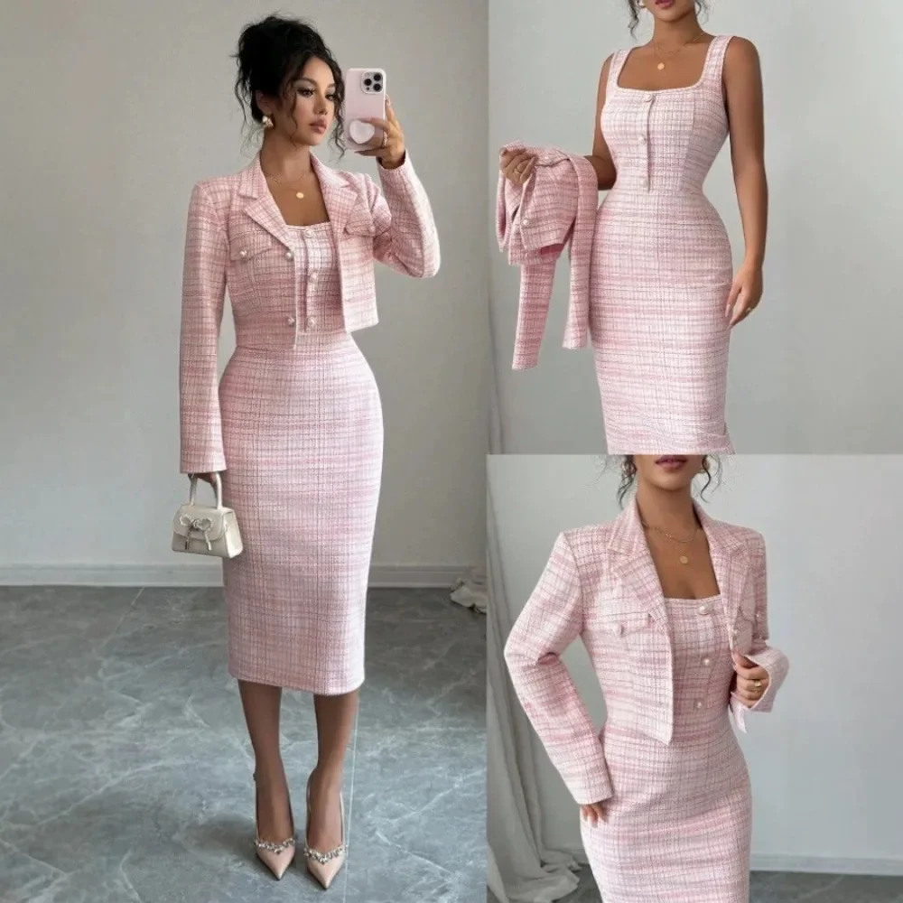 European Style Pink Skirt Suit Slim Fit Commute Daily Wear Set