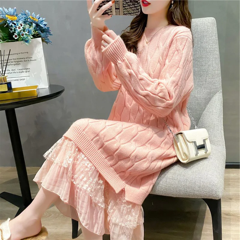 Mid-Length Lace Stitching Sweater Dress Women's Spring New Korean-Style Solid Color Twist Pullover Sweater Ropa Para Mujer