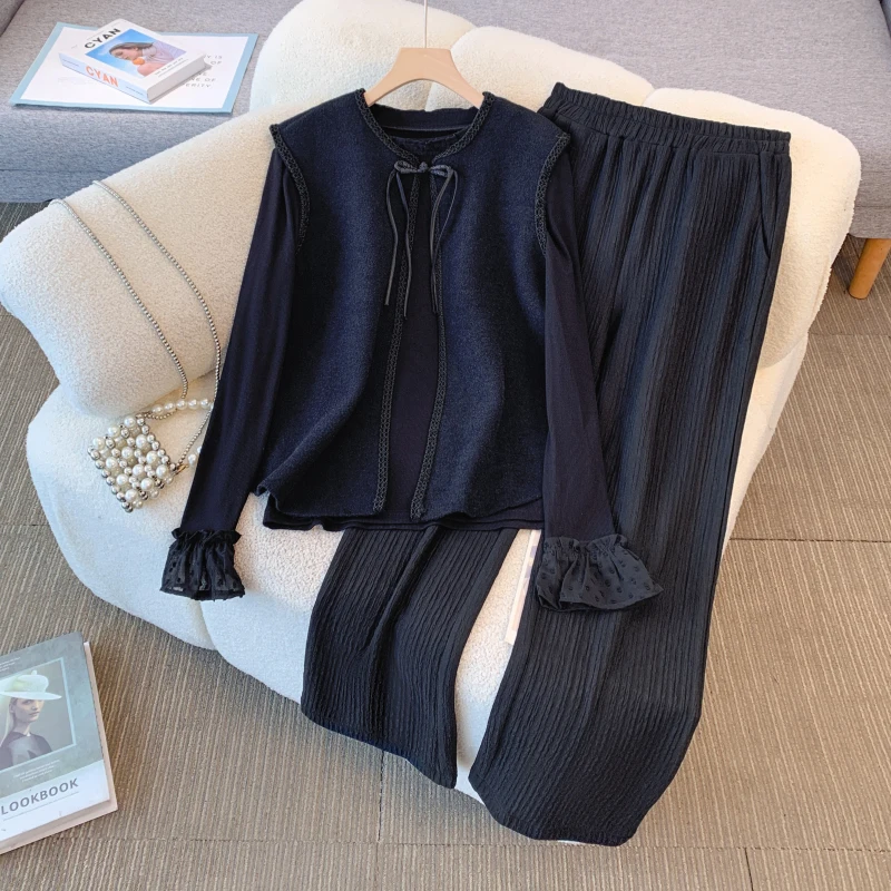 Women's trousers Set Spring and Autumn Korean Edition Slimming O-collar Age Reducing Long Sleeved Top Casual Pants 3 Piece Sets