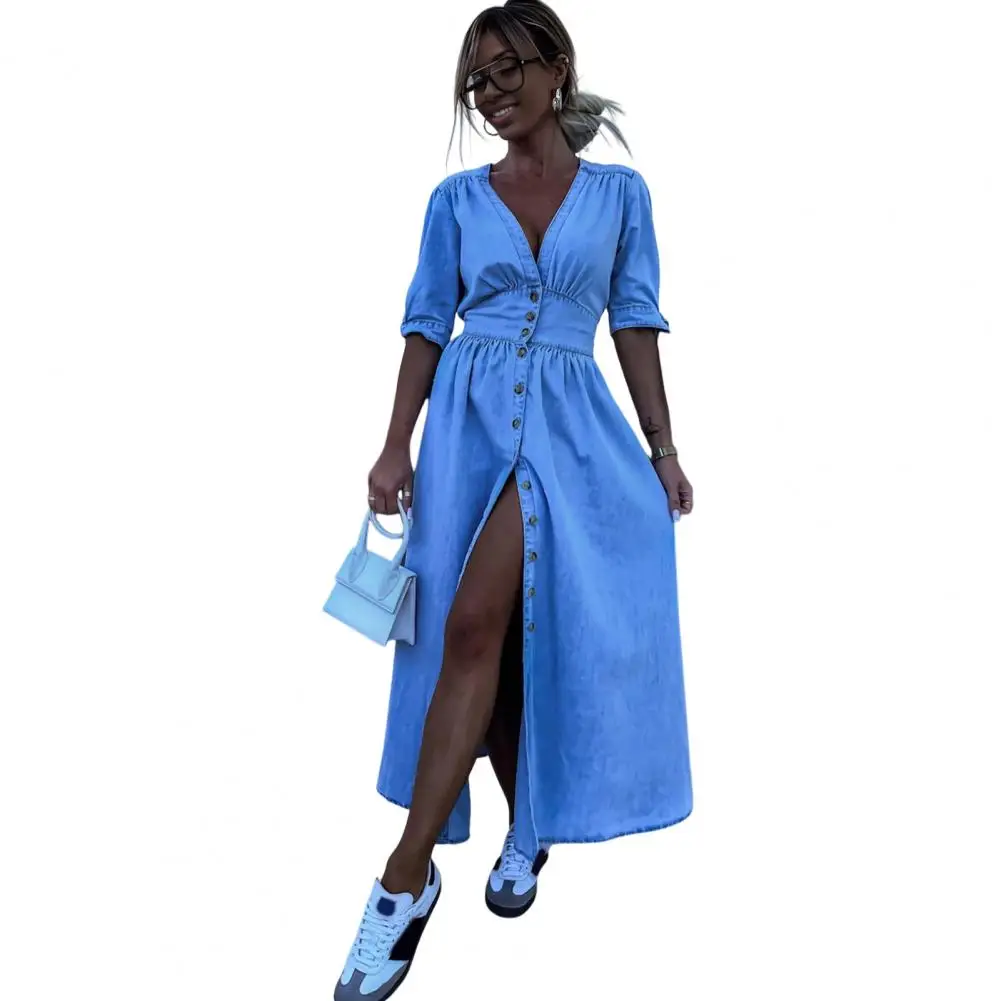 

Women Denim Dress Elegant Denim Maxi Dress with Lace-up Knot Cuffs V Neck High Split Hem for Summer Commute Dating Outfits Long