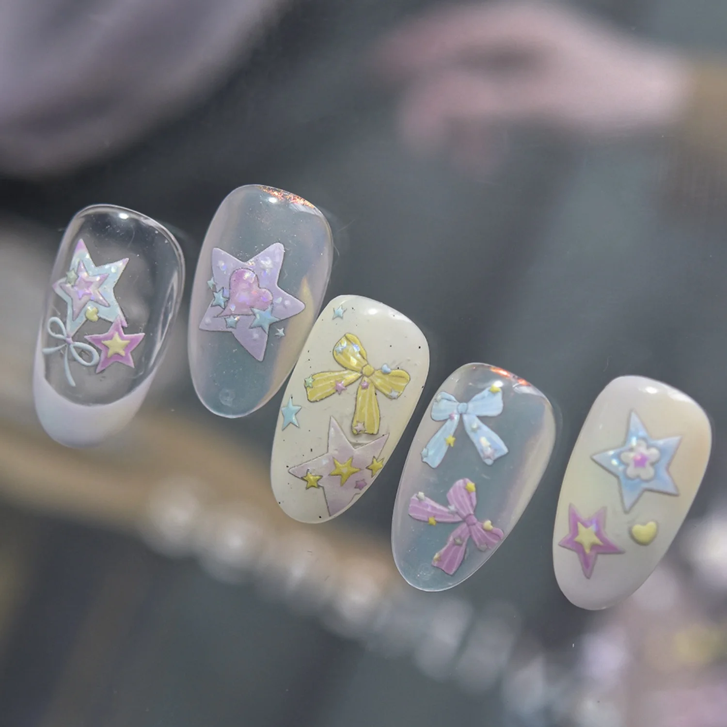 Plaid Star Vintage Academic Style Fünfzackiger Stern Kleines Herz 5D Nail Art Aufkleber Geprägte Nagelaufkleber Maniküre für Frauen – Detail 6
