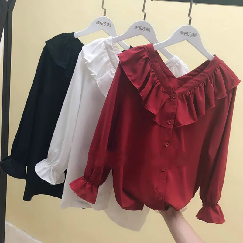 Shirts Women Solid Ulzzang Loose Temperament Ruffles Long-Sleeve Top Fashion Streetwear New Office Lady Korean Style All-match